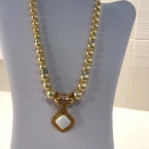 Signed Designer PARK LANE Faux Pearl Pendant & Crystal Necklace